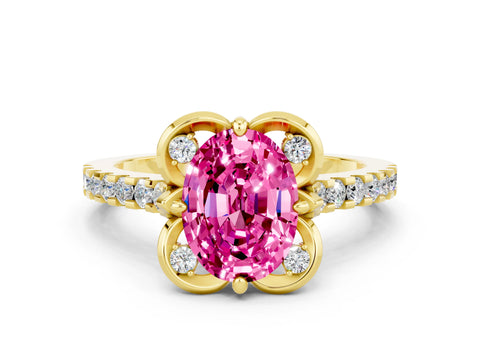 Yellow gold Oval Cut Pink Sapphire Ring with Pavé Band and Floral Prong Setting