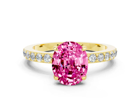 Yellow gold Oval Cut Pink Sapphire Ring with Pavé Band and Four-Prong Setting_24