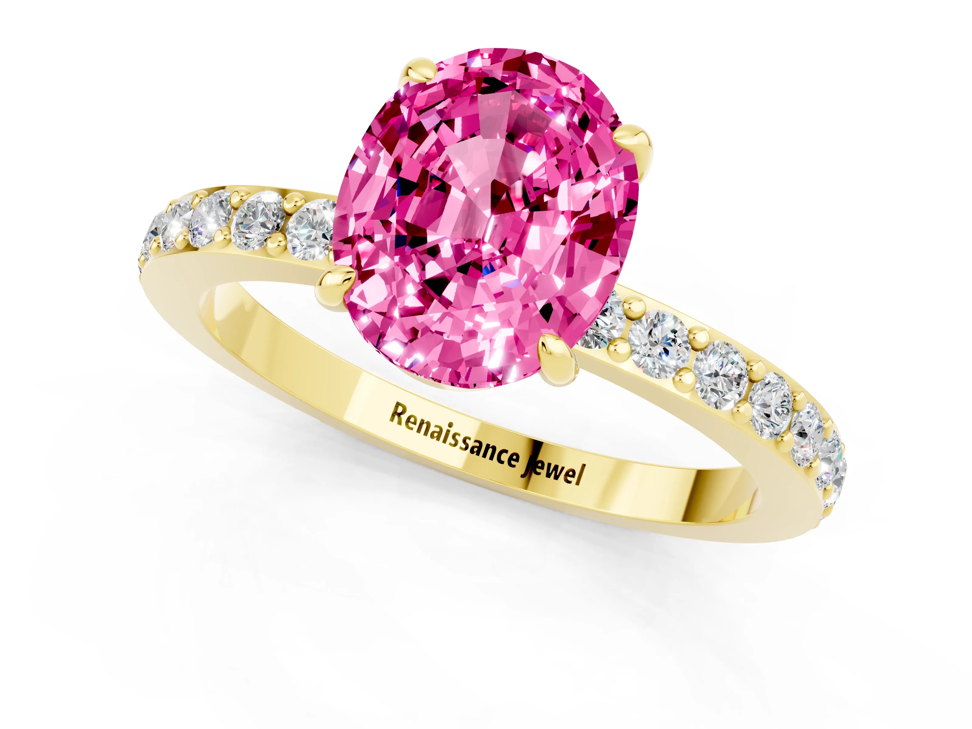 Yellow gold Oval Cut Pink Sapphire Ring with Pavé Band and Four-Prong Setting_25