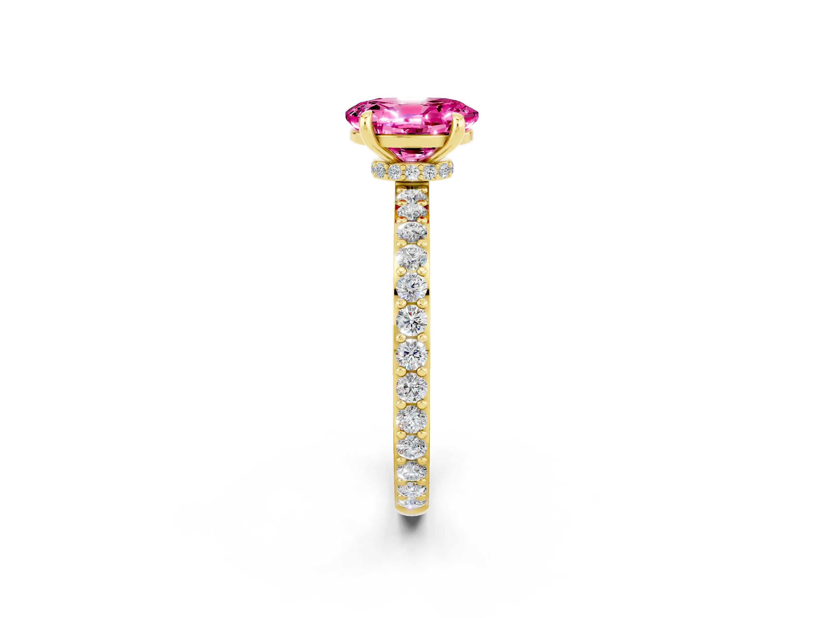 Yellow gold Oval Cut Pink Sapphire Ring with Pavé Band and Four-Prong Setting_26