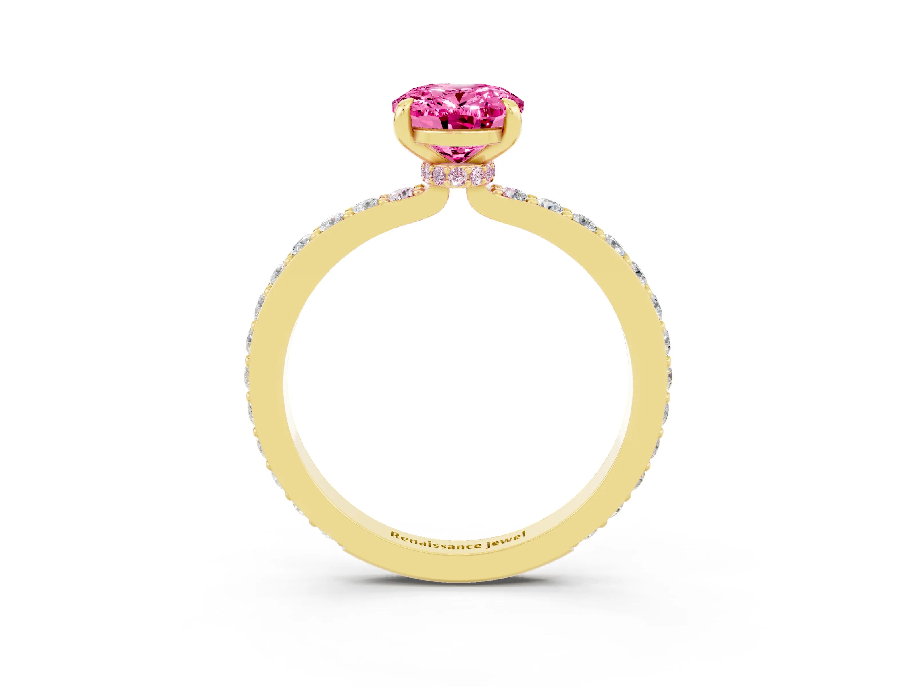 Yellow gold Oval Cut Pink Sapphire Ring with Pavé Band and Four-Prong Setting_27
