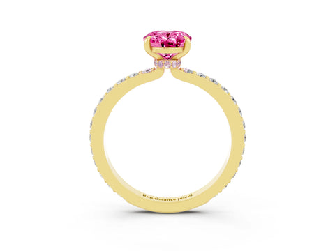 Yellow gold Oval Cut Pink Sapphire Ring with Pavé Band and Four-Prong Setting_27