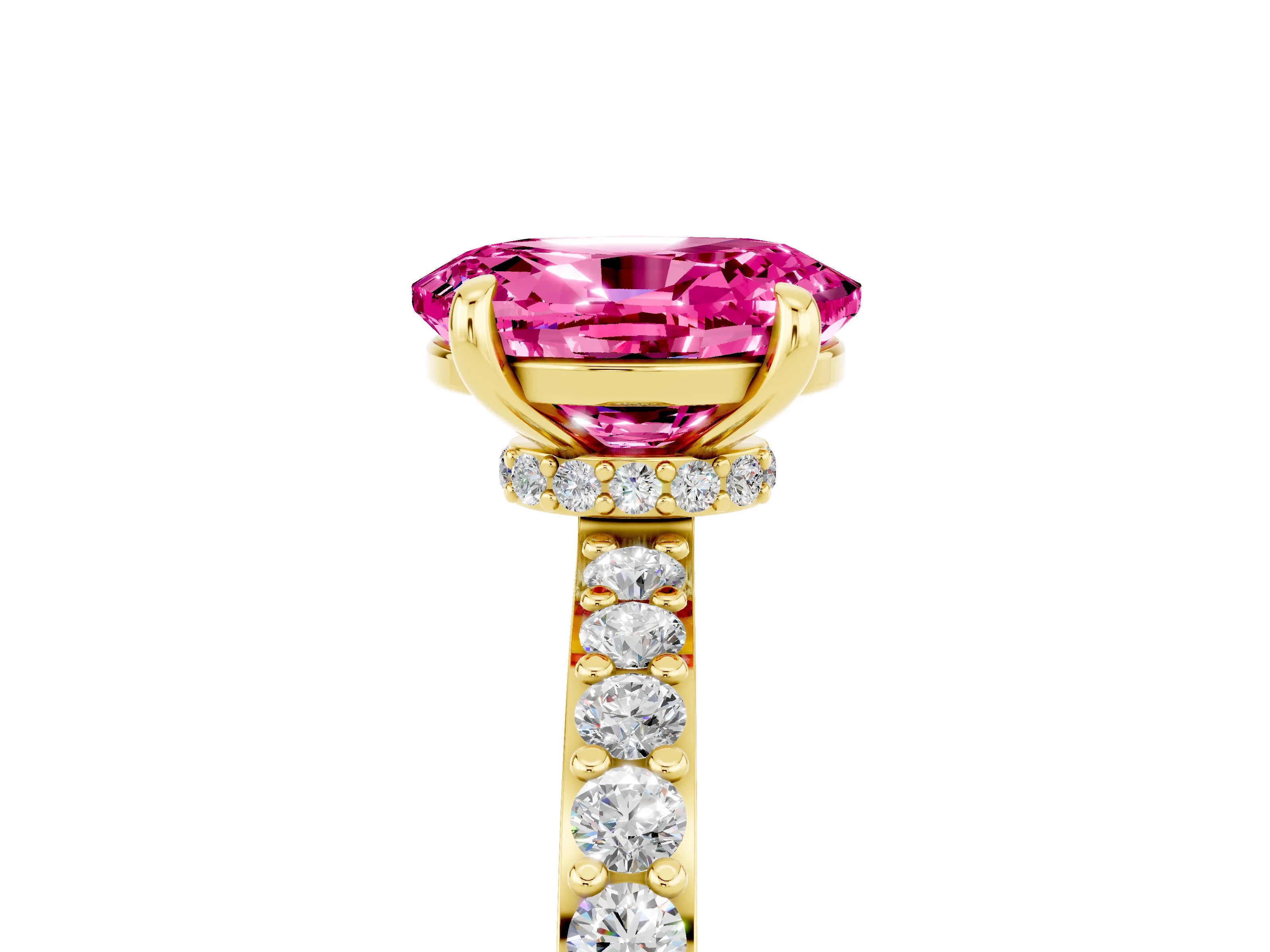 Yellow gold Oval Cut Pink Sapphire Ring with Pavé Band and Four-Prong Setting_29