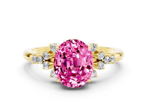 Yellow gold Oval Cut Pink Sapphire Ring with Side Stones and Four-Prong Setting