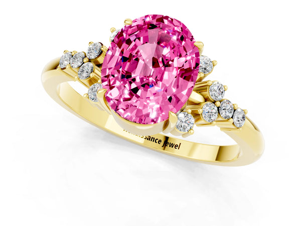 Yellow gold Oval Cut Pink Sapphire Ring with Side Stones and Four-Prong Setting