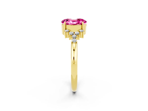 Yellow gold Oval Cut Pink Sapphire Ring with Side Stones and Four-Prong Setting