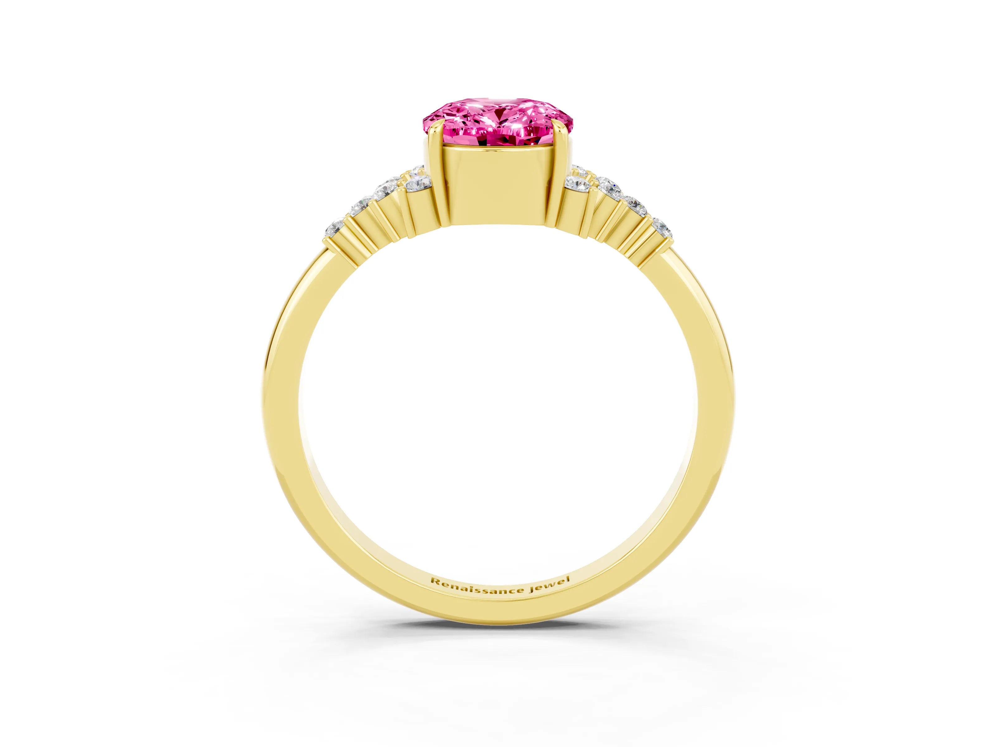 Yellow gold Oval Cut Pink Sapphire Ring with Side Stones and Four-Prong Setting_99