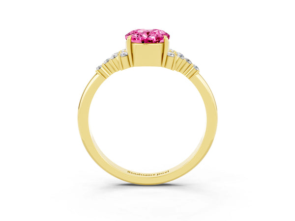 Yellow gold Oval Cut Pink Sapphire Ring with Side Stones and Four-Prong Setting