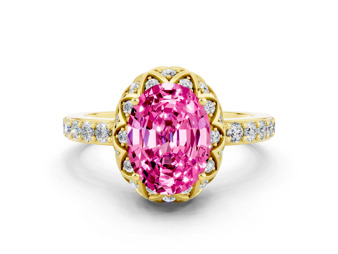 Yellow gold Oval Cut Pink Sapphire Scalloped Halo Engagement Ring with Round Shared Prong Band_12