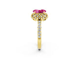 Yellow gold Oval Cut Pink Sapphire Scalloped Halo Engagement Ring with Round Shared Prong Band_14