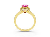 Yellow gold Oval Cut Pink Sapphire Scalloped Halo Engagement Ring with Round Shared Prong Band_15
