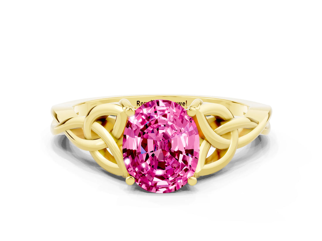 Yellow gold Oval Cut Pink Sapphire Solitaire Celtic Knot Ring with Four-Prong Setting_24
