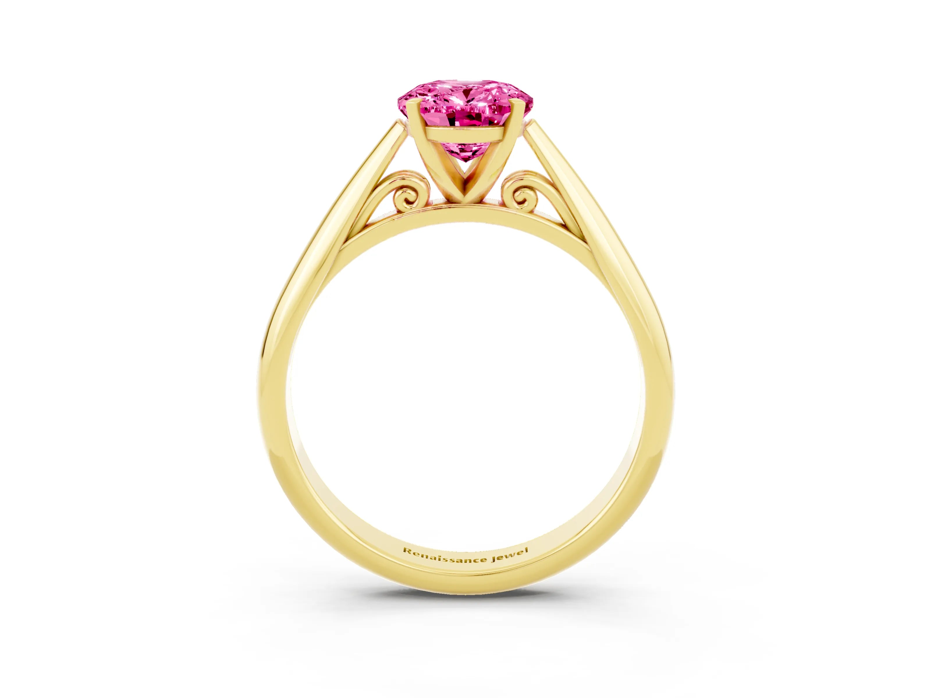 Yellow gold Oval Cut Pink Sapphire Solitaire Engagement Ring with Cathedral Setting and Four-Prong Mount_15
