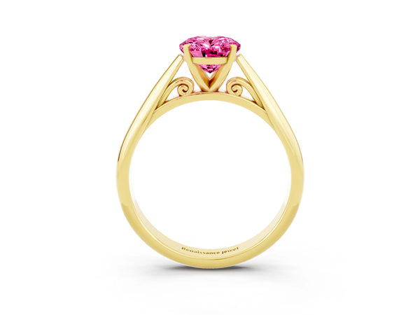 Yellow gold Oval Cut Pink Sapphire Solitaire Engagement Ring with Cathedral Setting and Four-Prong Mount