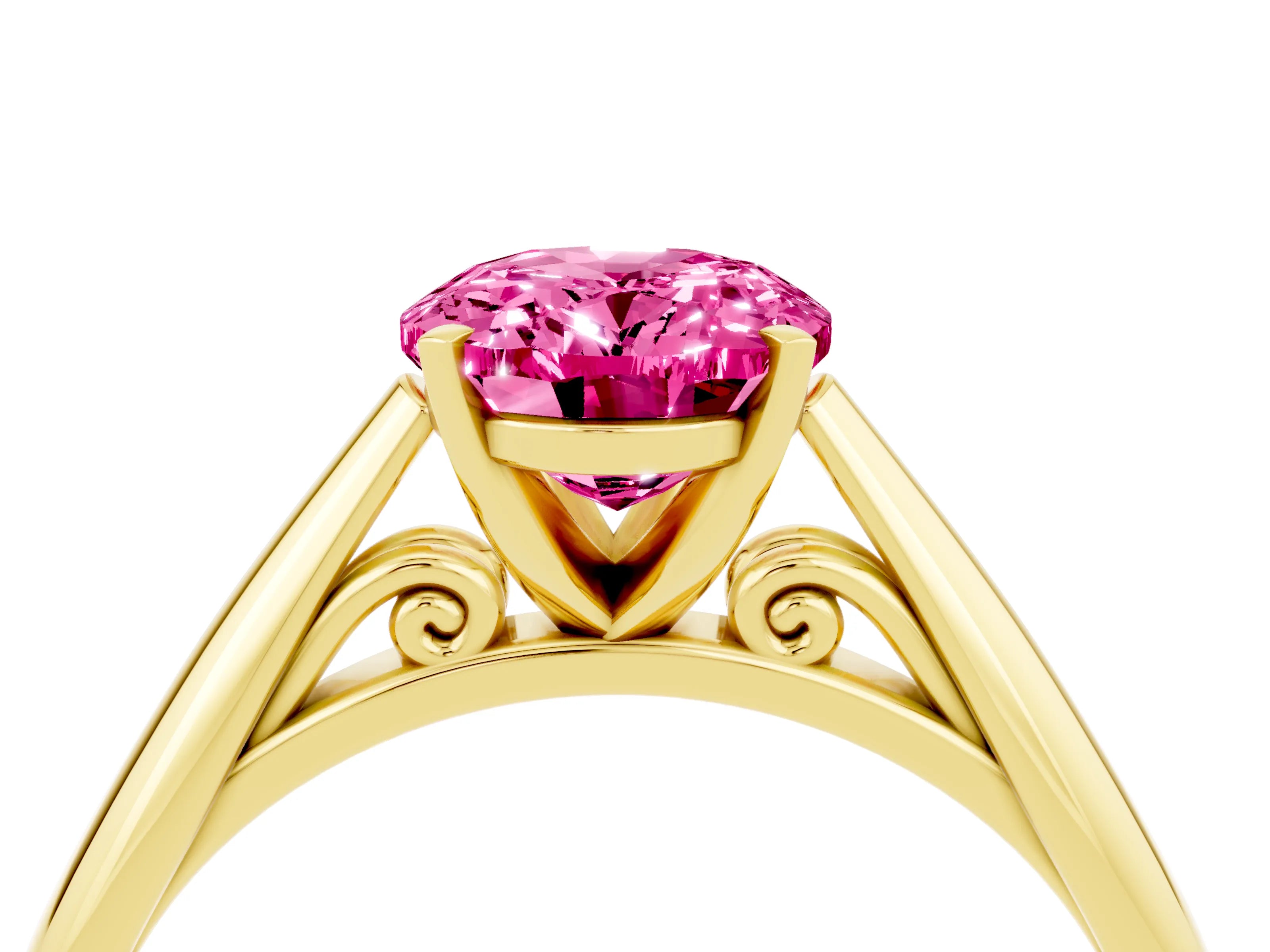 Yellow gold Oval Cut Pink Sapphire Solitaire Engagement Ring with Cathedral Setting and Four-Prong Mount_16