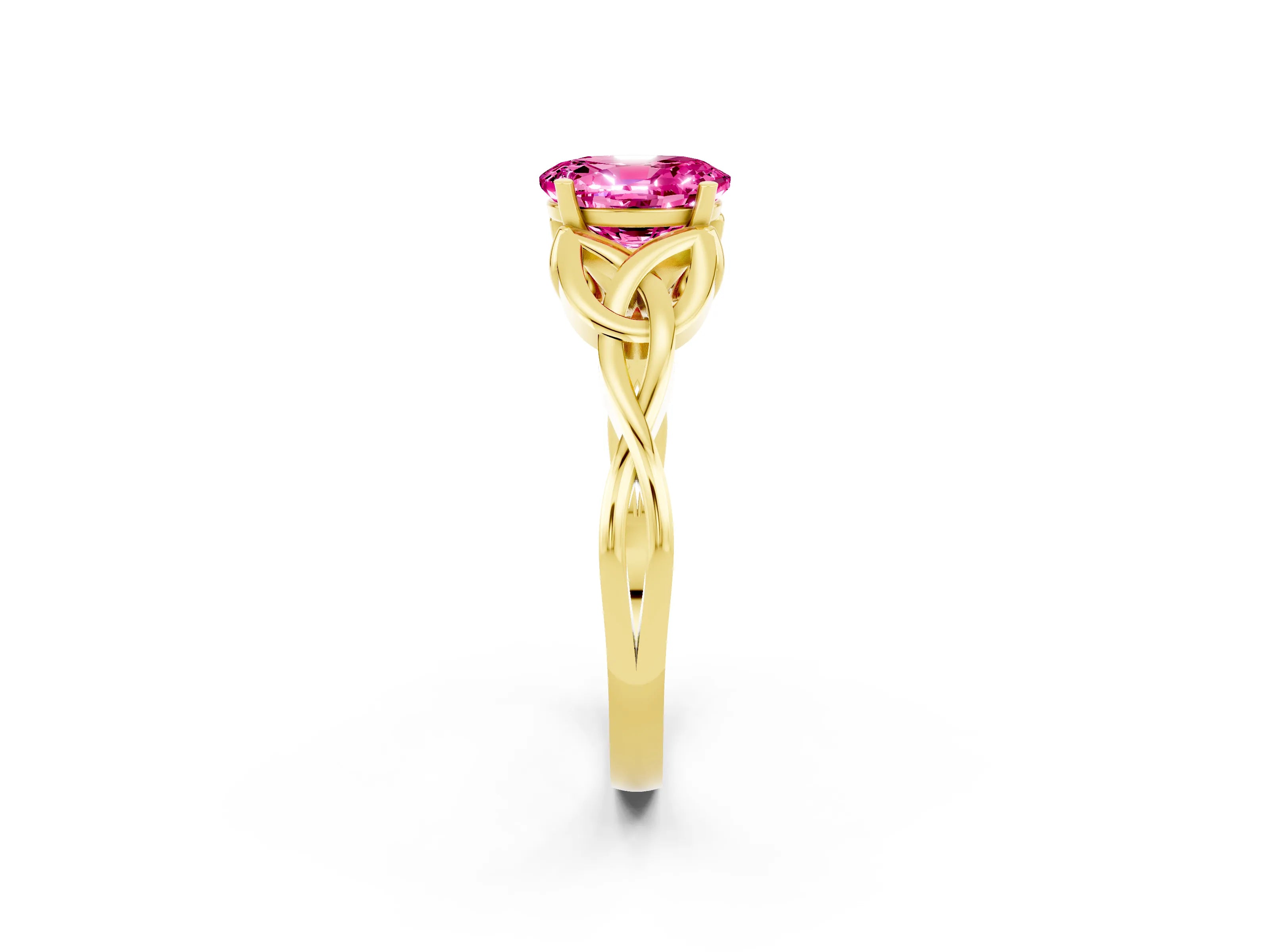 Yellow gold Oval Cut Pink Sapphire Solitaire Engagement Ring with Celtic Knot Band and Four-Prong Setting_26