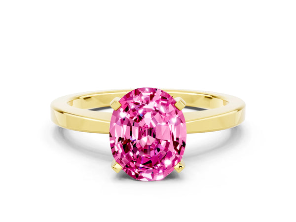 Yellow gold Oval Cut Pink Sapphire Solitaire Engagement Ring with Classic Band and Four-Prong Setting