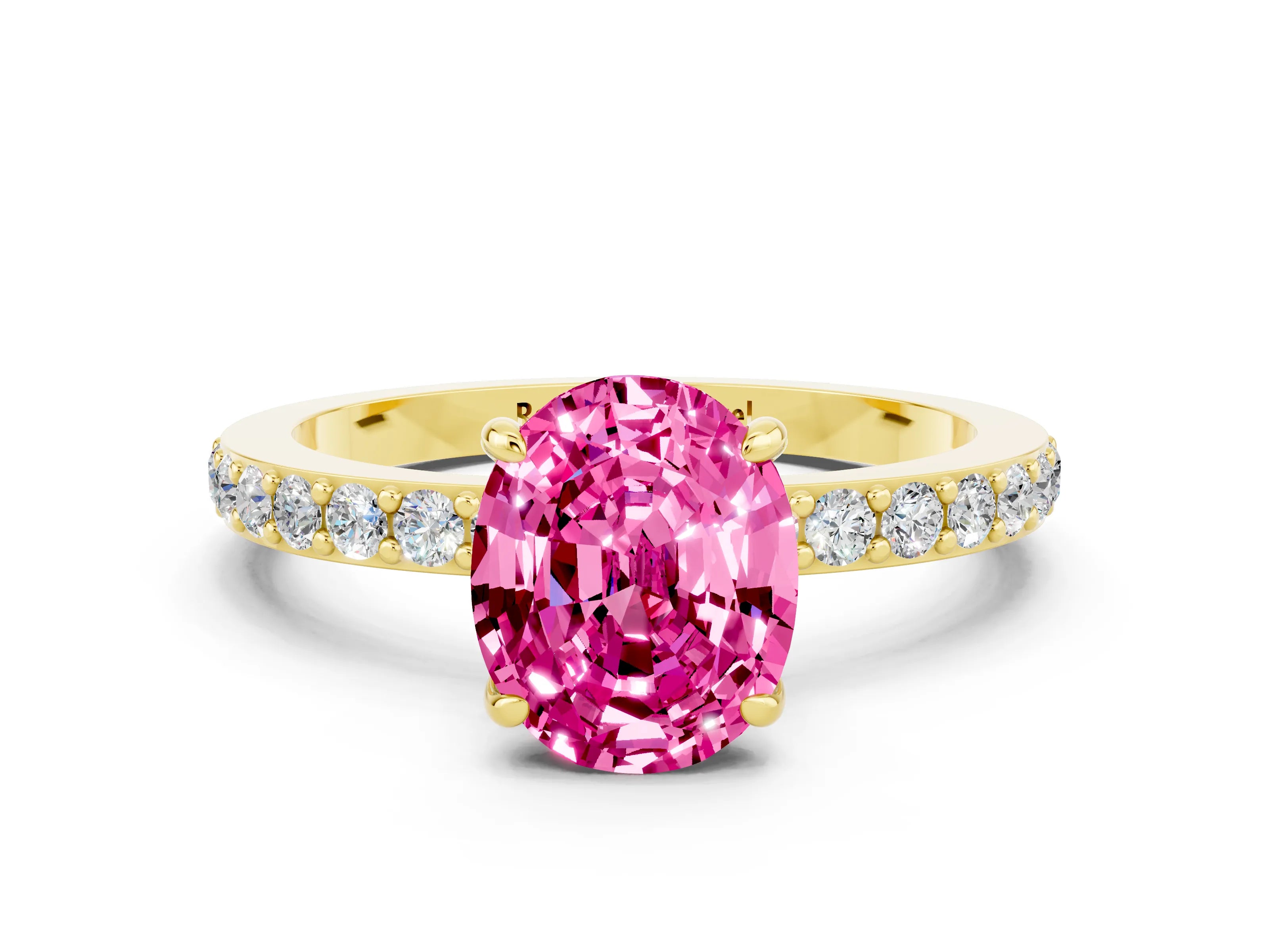 Yellow gold Oval Cut Pink Sapphire Solitaire Engagement Ring with Pavé Band and Four-Prong Setting_36