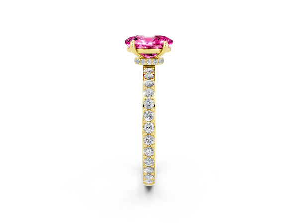 Yellow gold Oval Cut Pink Sapphire Solitaire Engagement Ring with Pavé Band and Four-Prong Setting