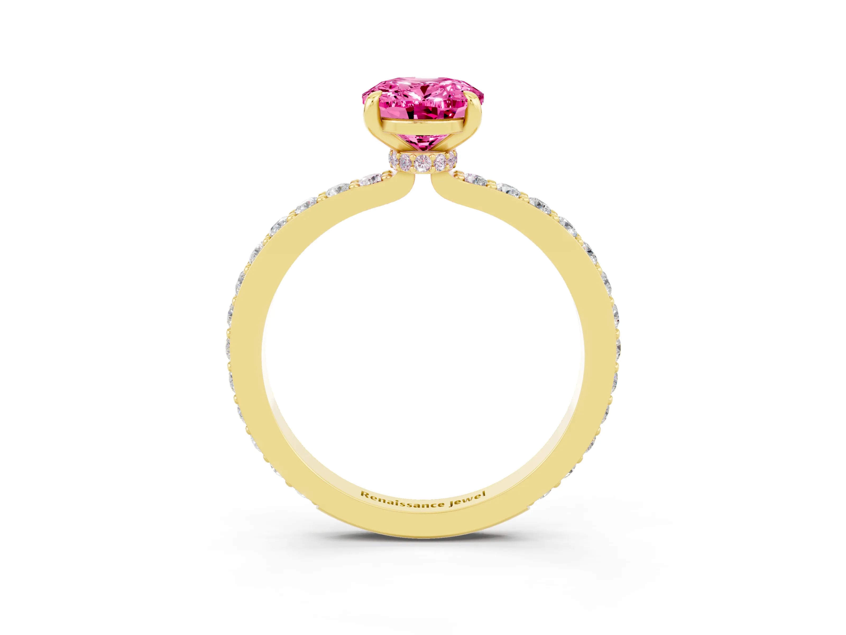 Yellow gold Oval Cut Pink Sapphire Solitaire Engagement Ring with Pavé Band and Four-Prong Setting_39
