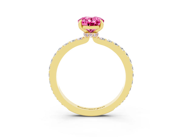 Yellow gold Oval Cut Pink Sapphire Solitaire Engagement Ring with Pavé Band and Four-Prong Setting