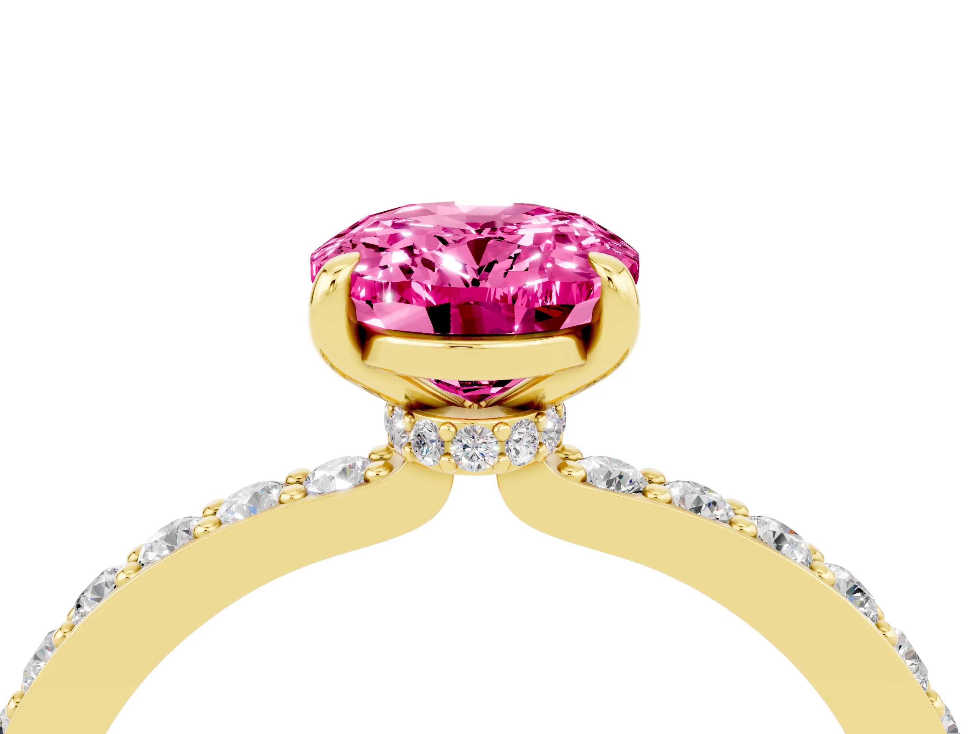 Yellow gold Oval Cut Pink Sapphire Solitaire Engagement Ring with Pavé Band and Four-Prong Setting_40