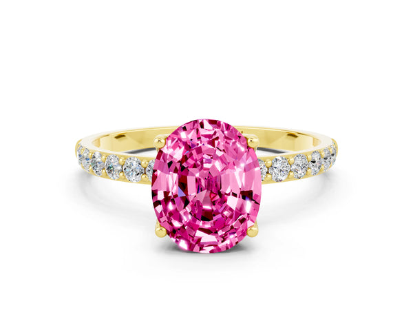 Yellow gold Oval Cut Pink Sapphire Solitaire Engagement Ring with Round  Pavé Band and Prong Setting