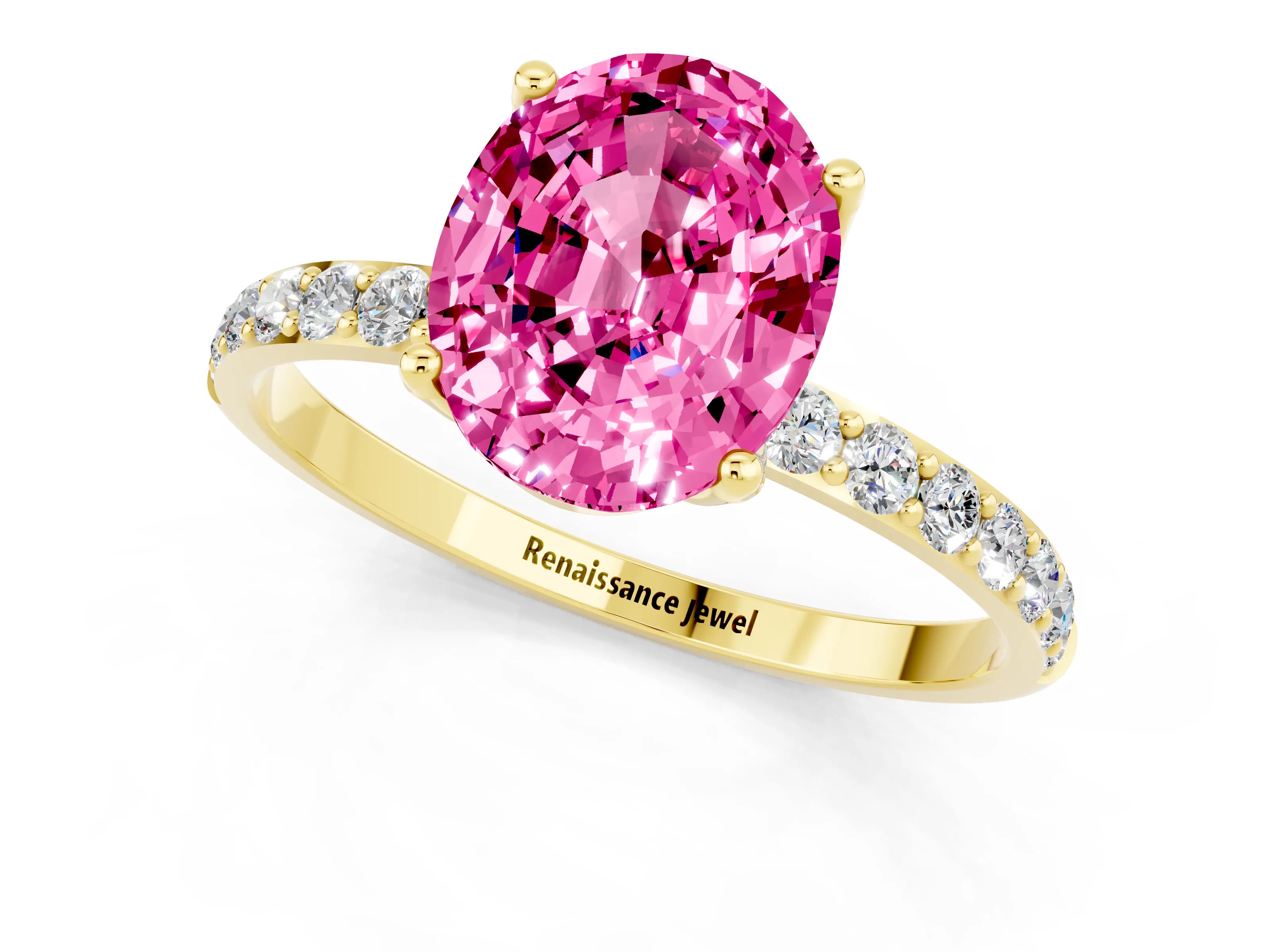 Yellow gold Oval Cut Pink Sapphire Solitaire Engagement Ring with Pavé Band and Prong Setting_1
