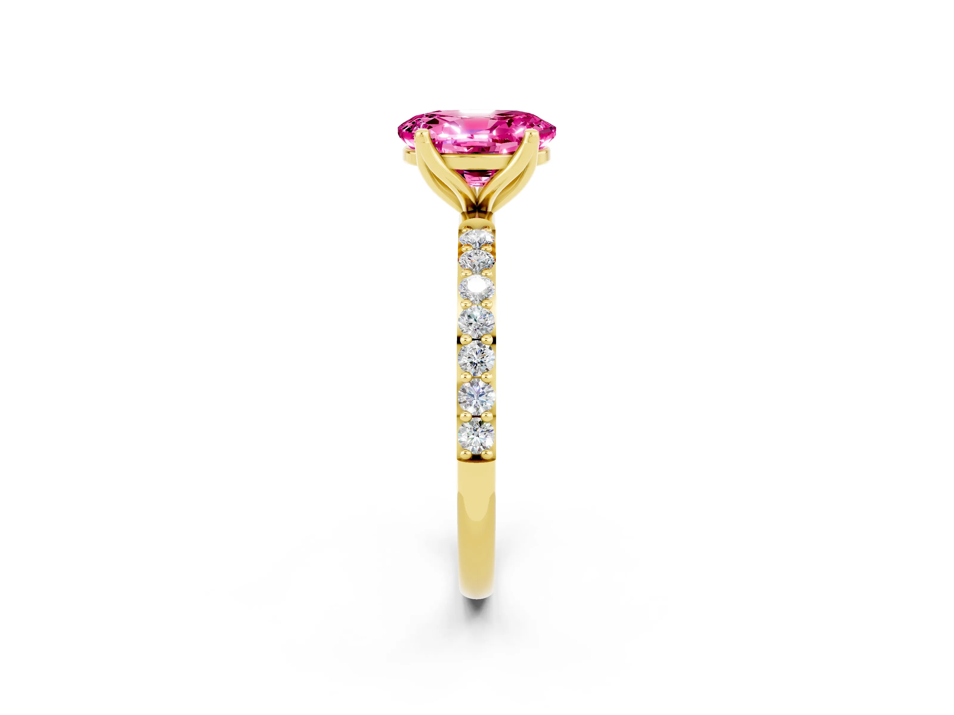 Yellow gold Oval Cut Pink Sapphire Solitaire Engagement Ring with Pavé Band and Prong Setting_2