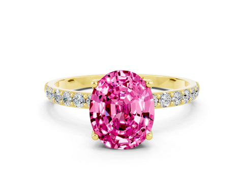 Yellow gold Oval Cut Pink Sapphire Solitaire Engagement Ring with Pavé Band and Prong Setting