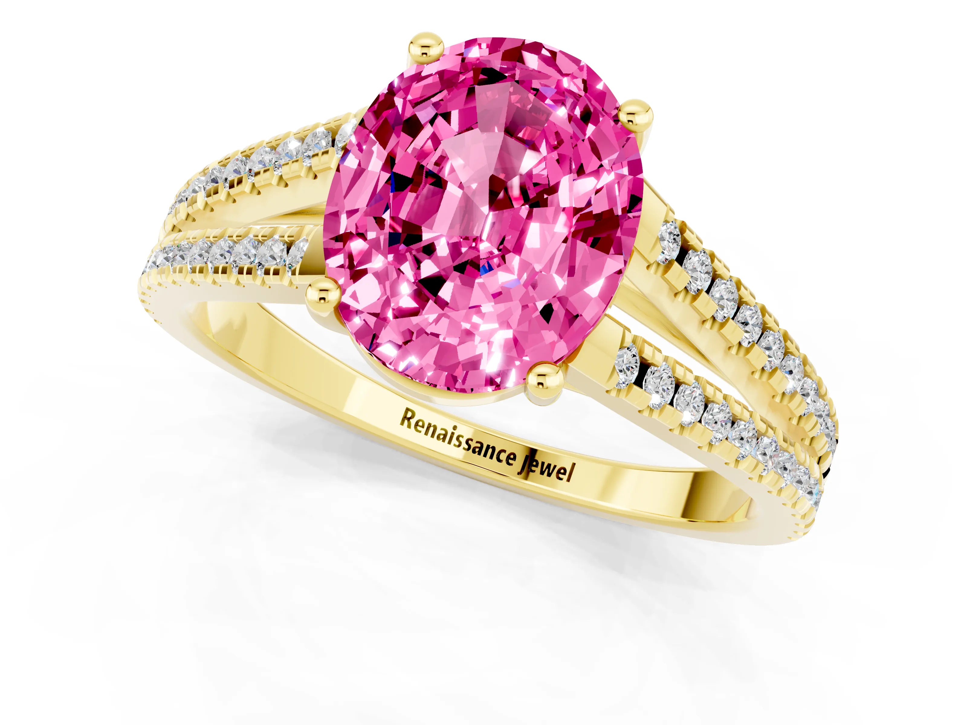 Yellow gold Oval Cut Pink Sapphire Solitaire Engagement Ring with Split Shank Pavé Band_13