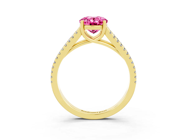 Yellow gold Oval Cut Pink Sapphire Solitaire Engagement Ring with Split Shank Pavé Band