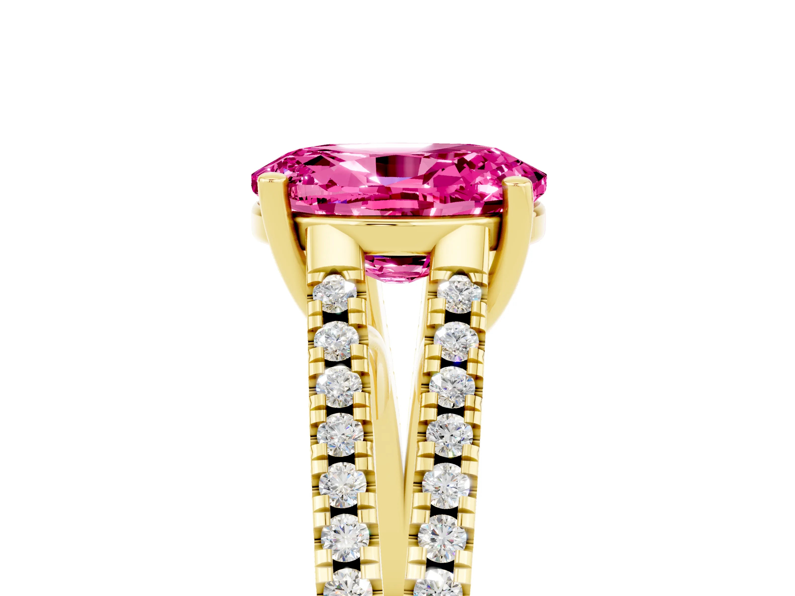Yellow gold Oval Cut Pink Sapphire Solitaire Engagement Ring with Split Shank Pavé Band_17
