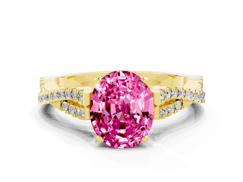 Yellow gold Oval Cut Pink Sapphire Solitaire Engagement Ring with Twisted Pavé Band and Four-Prong Setting_12