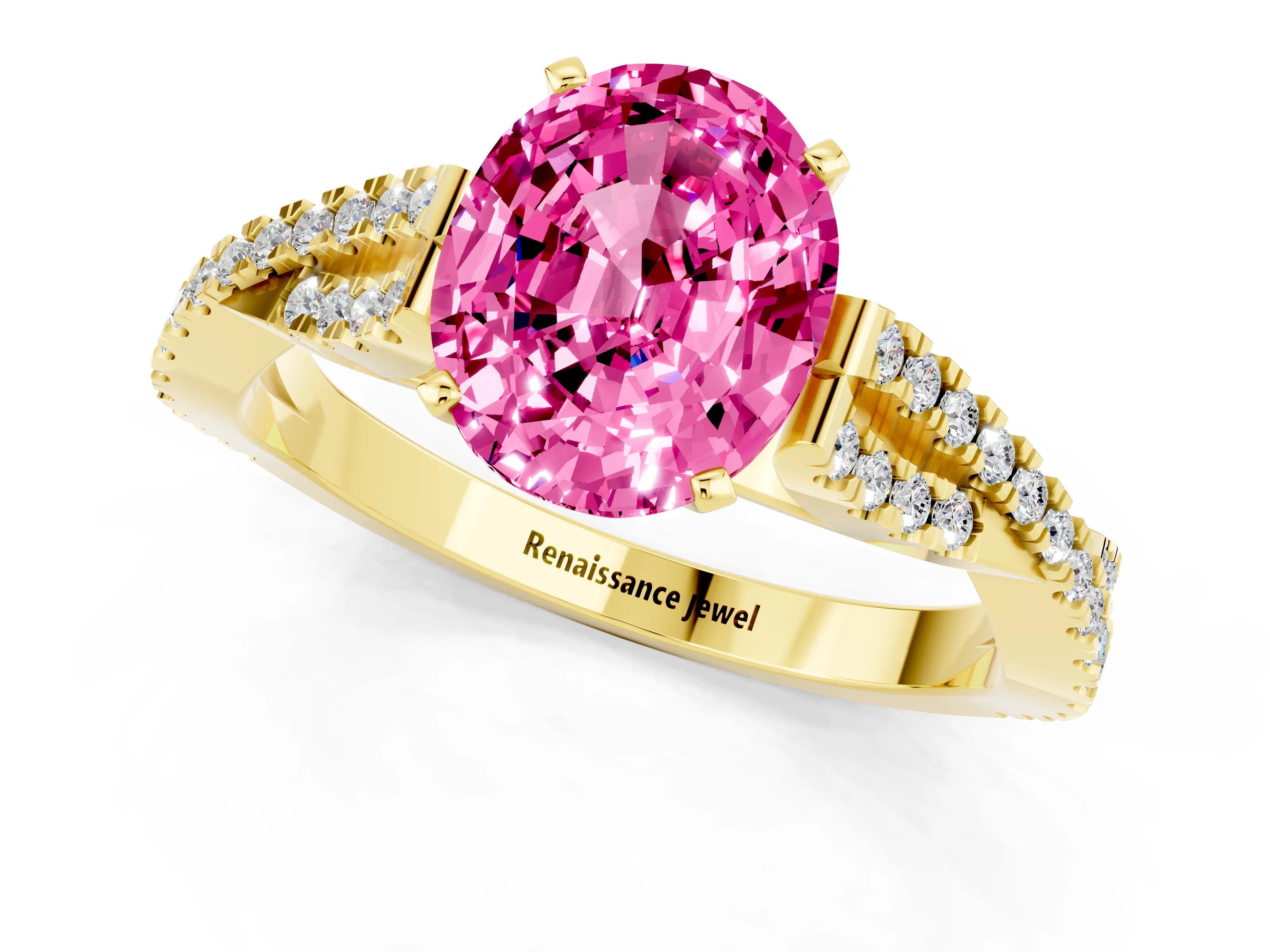 Yellow gold Oval Cut Pink Sapphire Solitaire Engagement Ring with Twisted Pavé Band and Four-Prong Setting_13