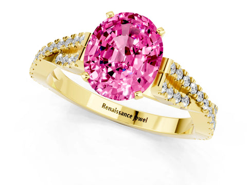 Yellow gold Oval Cut Pink Sapphire Solitaire Engagement Ring with Twisted Pavé Band and Four-Prong Setting_13