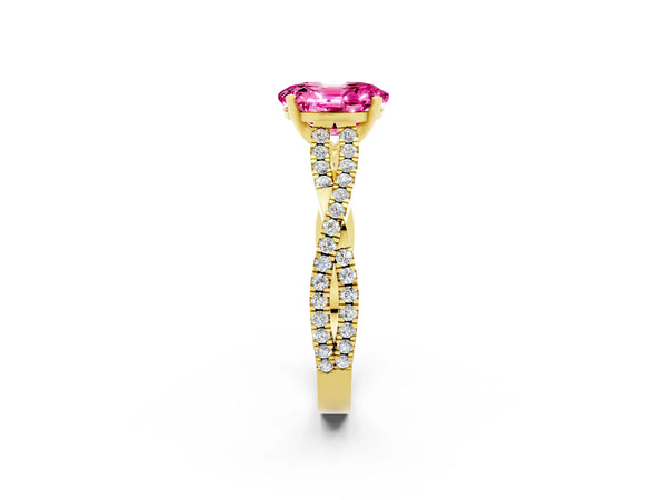 Yellow gold Oval Cut Pink Sapphire Solitaire Engagement Ring with Twisted Pavé Band and Four-Prong Setting
