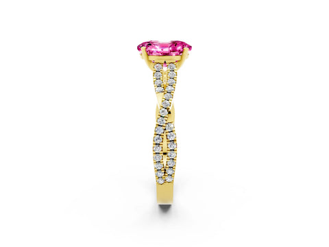 Yellow gold Oval Cut Pink Sapphire Solitaire Engagement Ring with Twisted Pavé Band and Four-Prong Setting_14