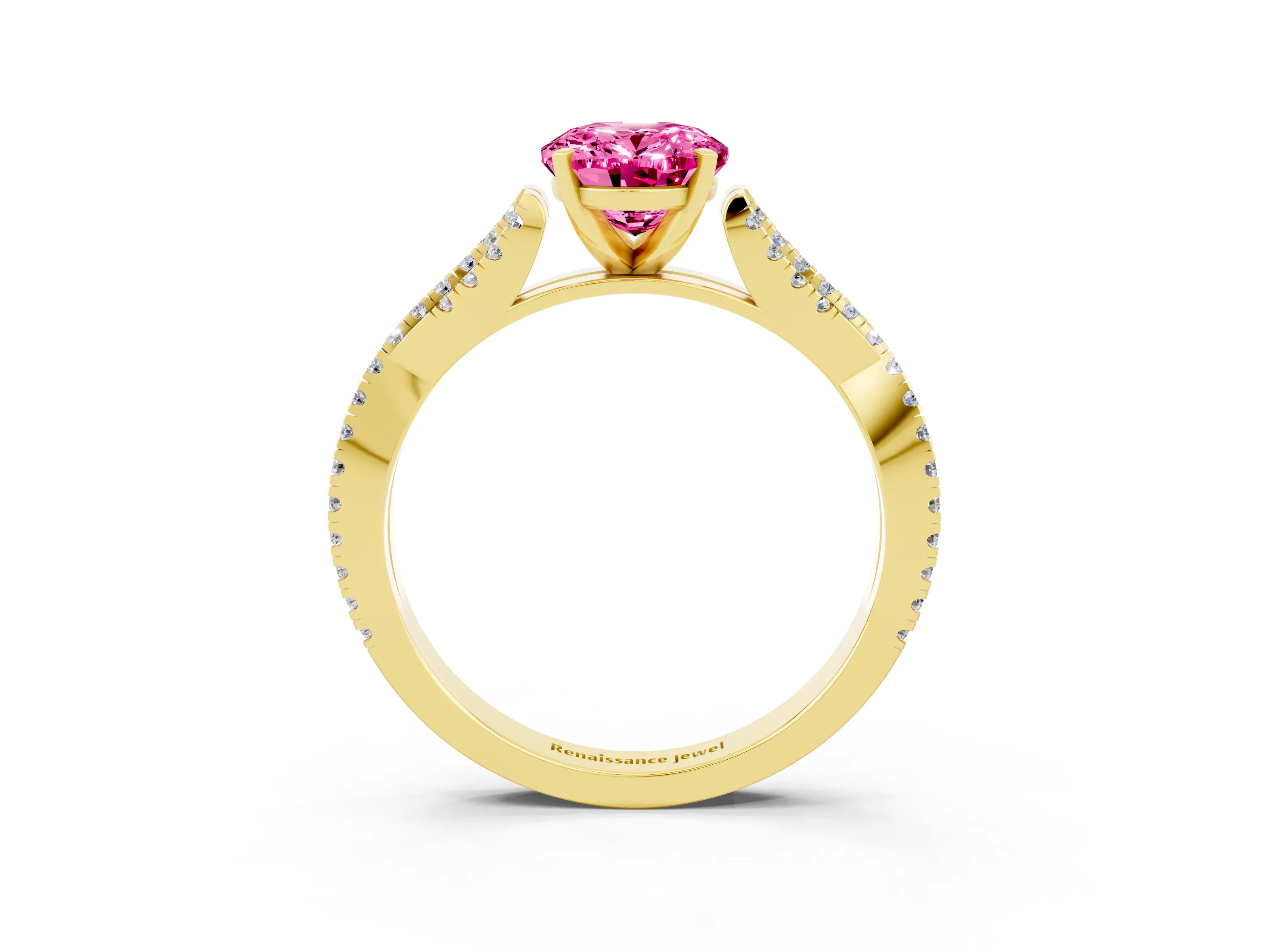 Yellow gold Oval Cut Pink Sapphire Solitaire Engagement Ring with Twisted Pavé Band and Four-Prong Setting_15