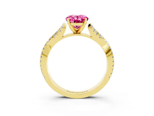 Yellow gold Oval Cut Pink Sapphire Solitaire Engagement Ring with Twisted Pavé Band and Four-Prong Setting