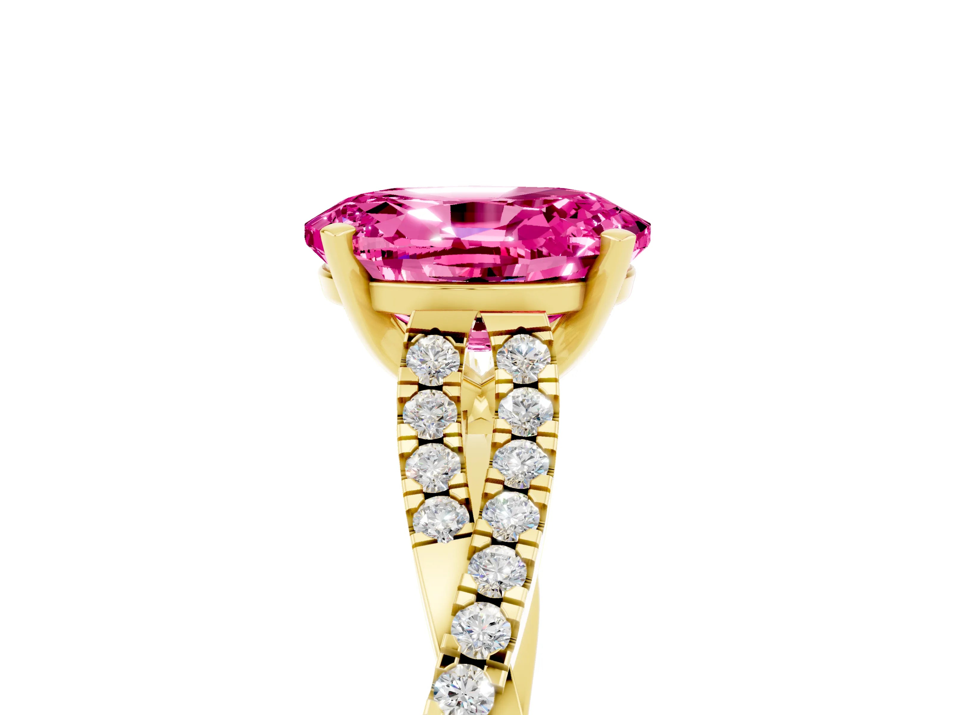 Yellow gold Oval Cut Pink Sapphire Solitaire Engagement Ring with Twisted Pavé Band and Four-Prong Setting_17