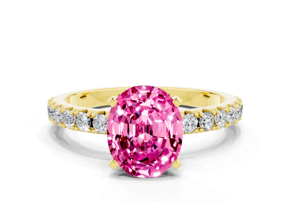 Yellow gold Oval Cut Pink Sapphire Solitaire Pavé Band with Four-Prong Setting_24