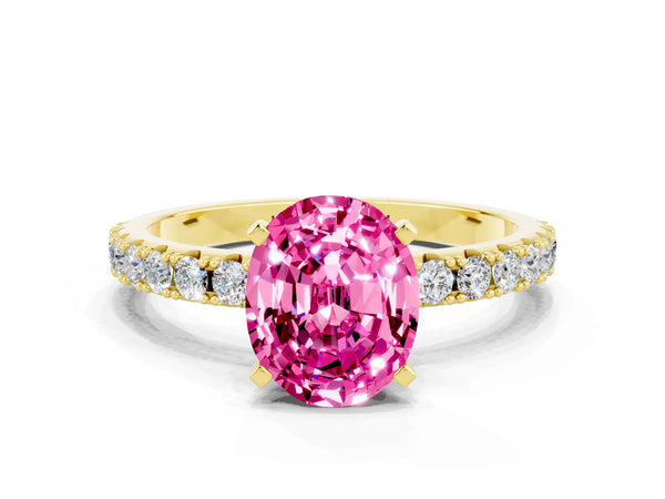 Yellow gold Oval Cut Pink Sapphire Solitaire Pavé Band with Four-Prong Setting