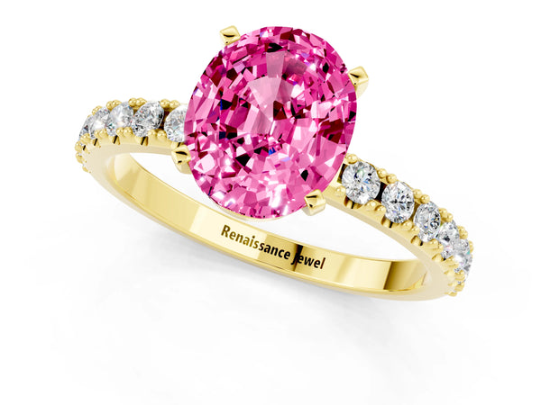 Yellow gold Oval Cut Pink Sapphire Solitaire Pavé Band with Four-Prong Setting