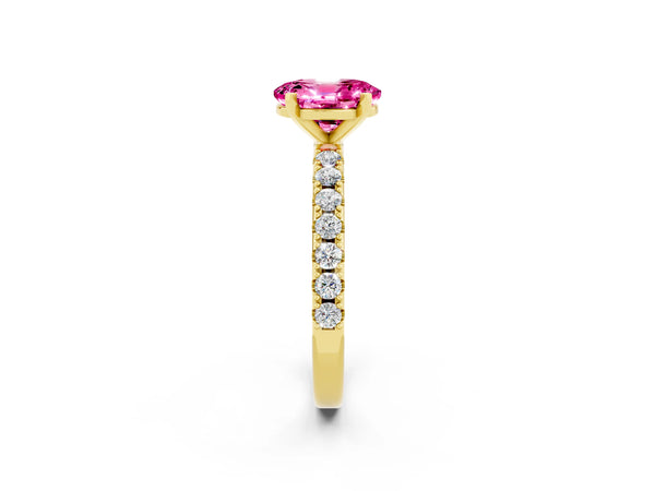 Yellow gold Oval Cut Pink Sapphire Solitaire Pavé Band with Four-Prong Setting