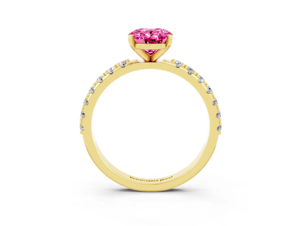 Yellow gold Oval Cut Pink Sapphire Solitaire Pavé Band with Four-Prong Setting