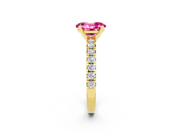 Yellow gold Oval Cut Pink Sapphire Solitaire Pavé Engagement Ring with Round Band and Prong Setting