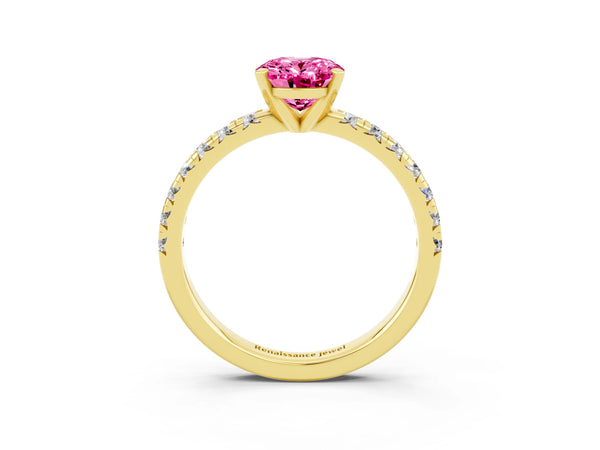 Yellow gold Oval Cut Pink Sapphire Solitaire Pavé Engagement Ring with Round Band and Prong Setting