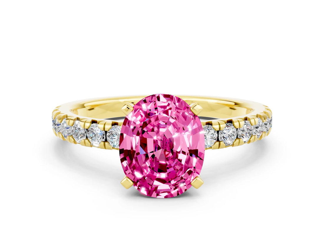 Yellow gold Oval Cut Pink Sapphire Solitaire Pavé Engagement Ring with Round Band and Prong Setting_66