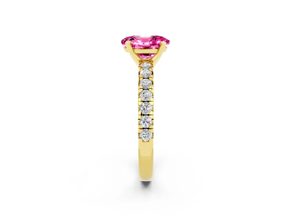 Yellow gold Oval Cut Pink Sapphire Solitaire Pavé Engagement Ring with Round Band and Prong Setting